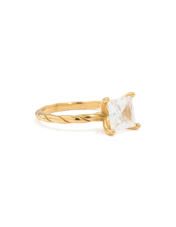 Featuring a waterproof gold plated stainless steel cubic zirconia square ring with twisted band front view