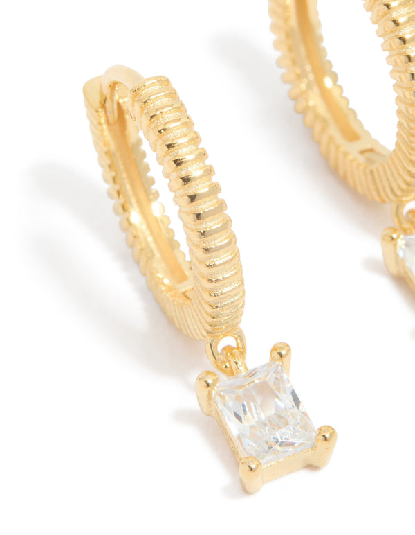 Gold Plated Sterling Silver Cubic Zirconia Drop Charm Huggie Earrings