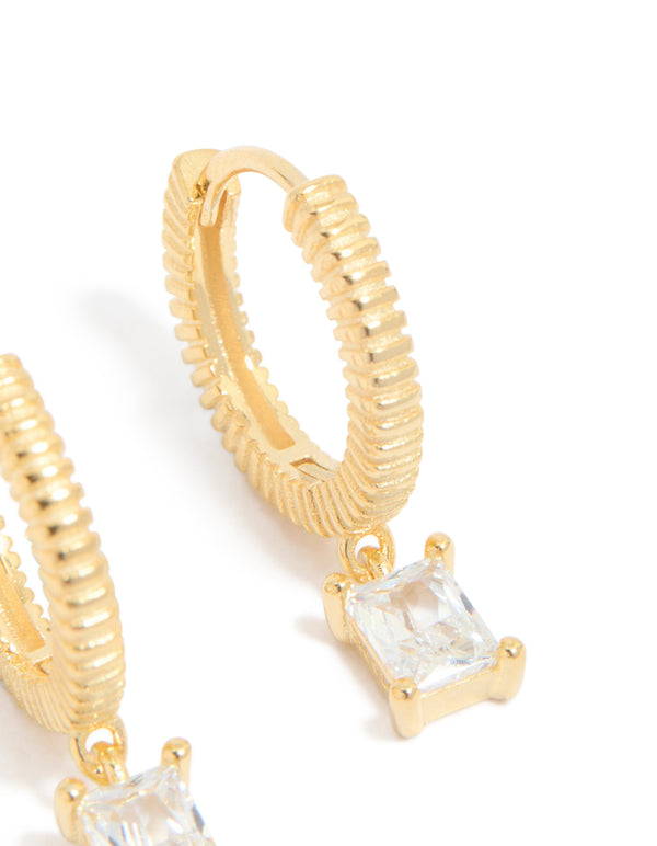 Gold Plated Sterling Silver Cubic Zirconia Drop Charm Huggie Earrings