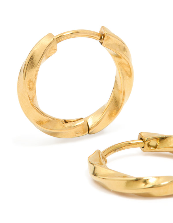 Discover waterproof gold plated stainless steel huggie earrings showcasing twisted texture close up view