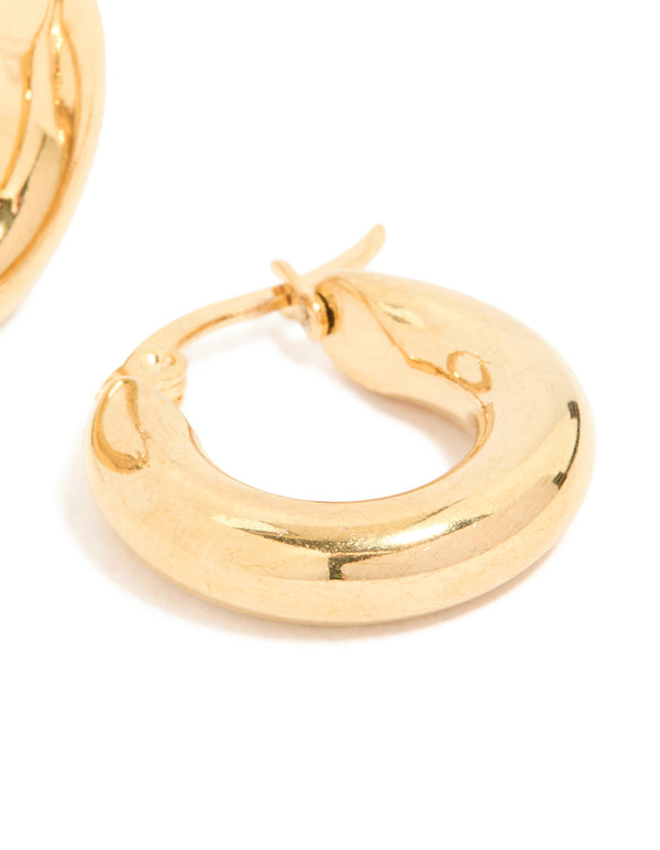Crafted from waterproof gold plated stainless steel chunky hoop earrings with clasp mechanism post detail view