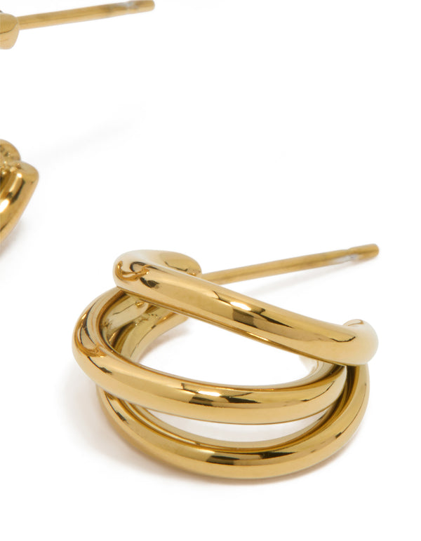 Designed with waterproof gold plated stainless steel double row hoop earrings in post detail view