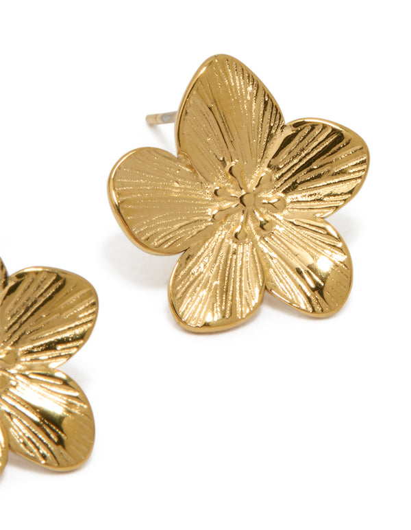 Stunning waterproof stud earrings featuring floral design in gold plated stainless steel post detail view