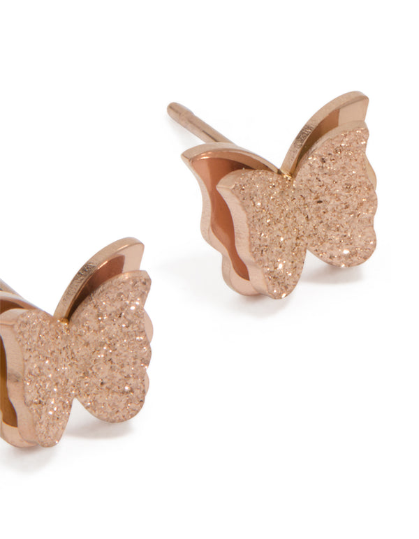 Rose Gold Plated Surgical Steel Sandblast Butterfly Stud Earrings