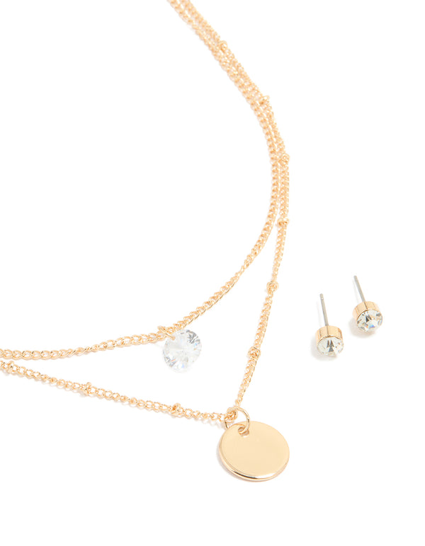 Gold Diamante Disc Layered Necklace & Earrings Set