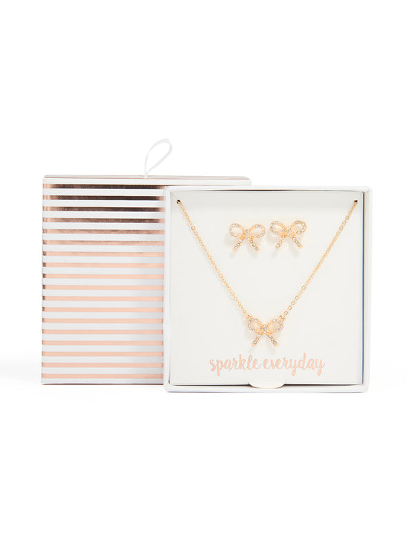 Gold Diamante Bow Pendant Necklace & Earrings Set