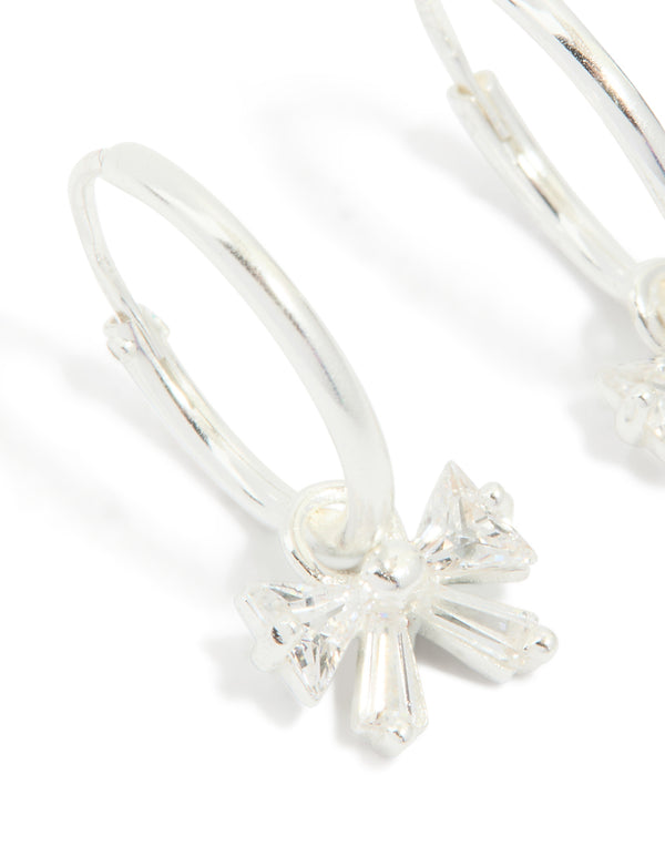 Sterling Silver Cubic Zirconia Bow Charm Huggie Earrings