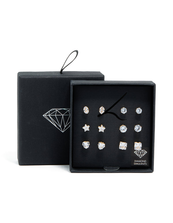 Gold Cubic Zirconia Stud Earrings 6-Pack