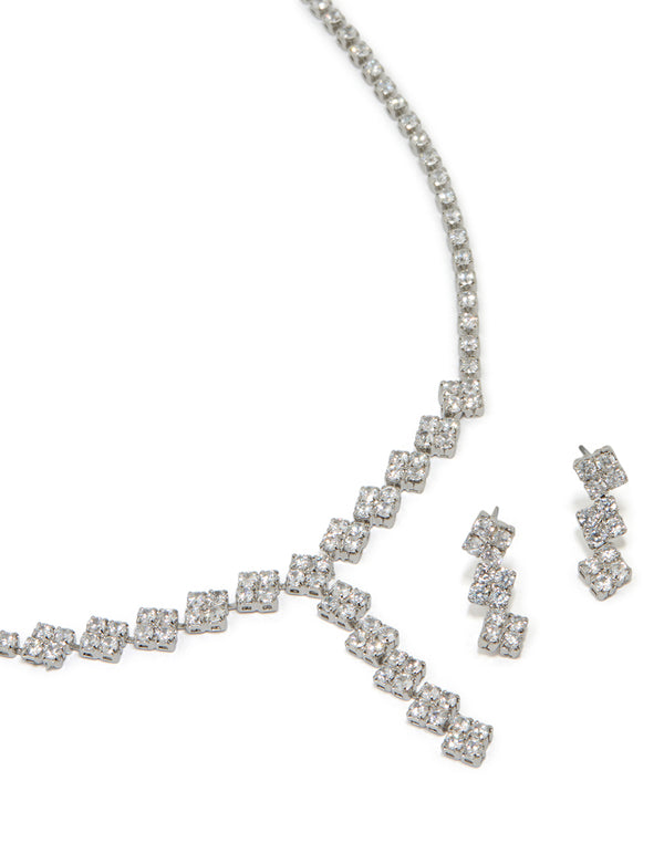 Silver Cubic Zirconia Flower Y-Necklace & Earrings Set
