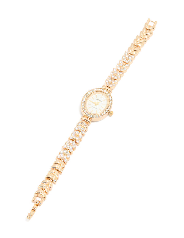 Gold Cubic Zirconia Oval Face Watch