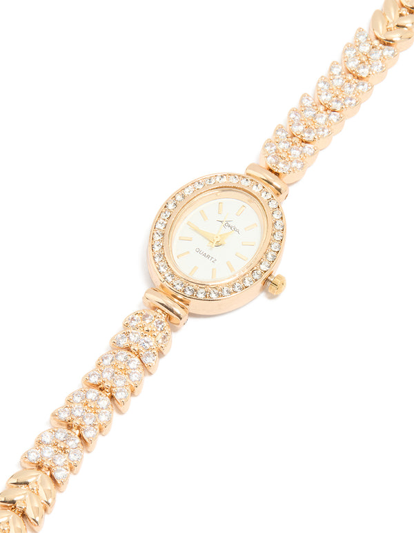 Gold Cubic Zirconia Oval Face Watch