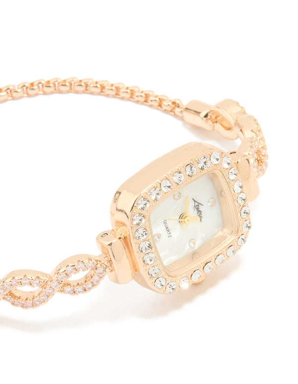 Gold Cubic Zirconia Rectangular Face Toggle Watch