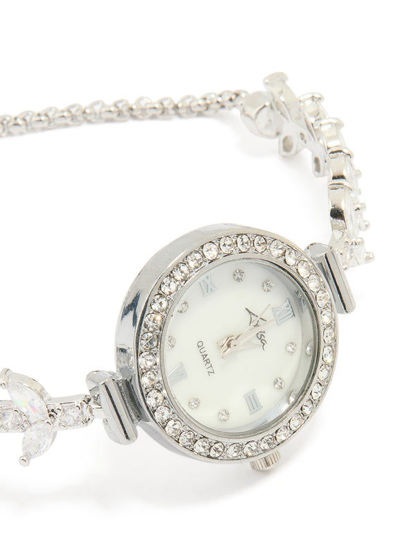 Silver Cubic Zirconia Round Face Toggle Watch