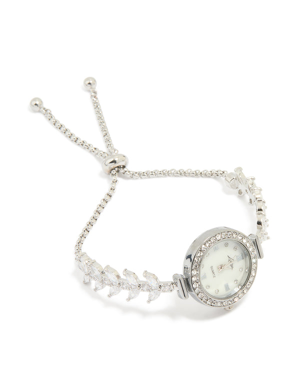 Silver Cubic Zirconia Round Face Toggle Watch