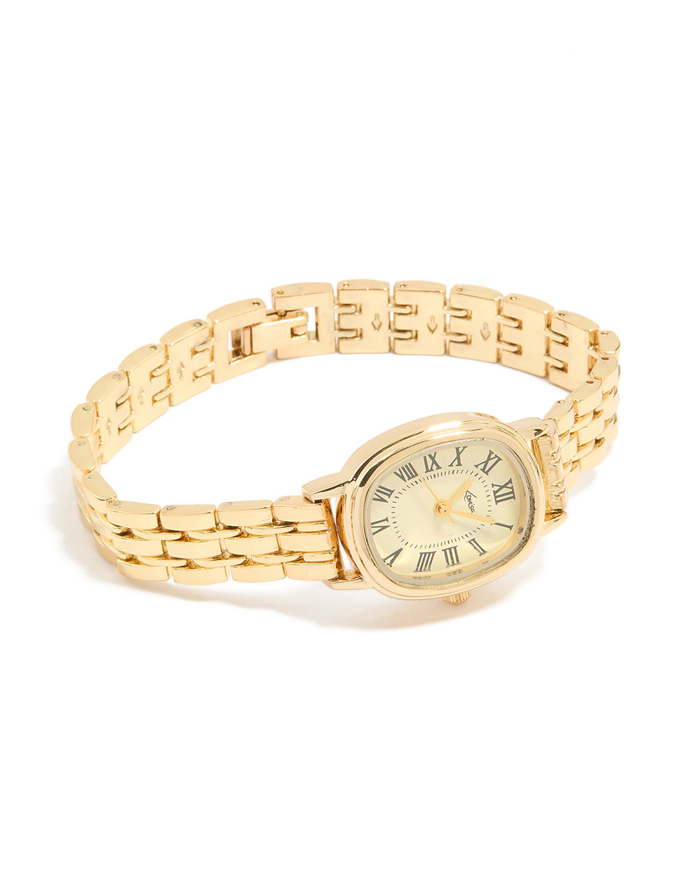Elegant dainty women's watch with yellow dial featuring roman numerals and oval face, designed with link band in gold for formal occasions, analog type front view