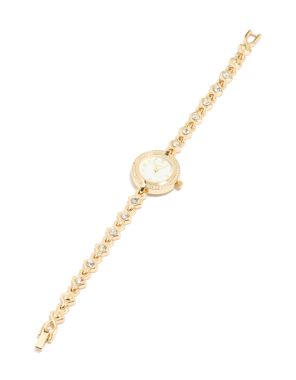 Shop this gold diamante dainty round watch featuring cubic zirconia ,round shape, white dial, roman numerals, link band strap, women's casual analog type front view