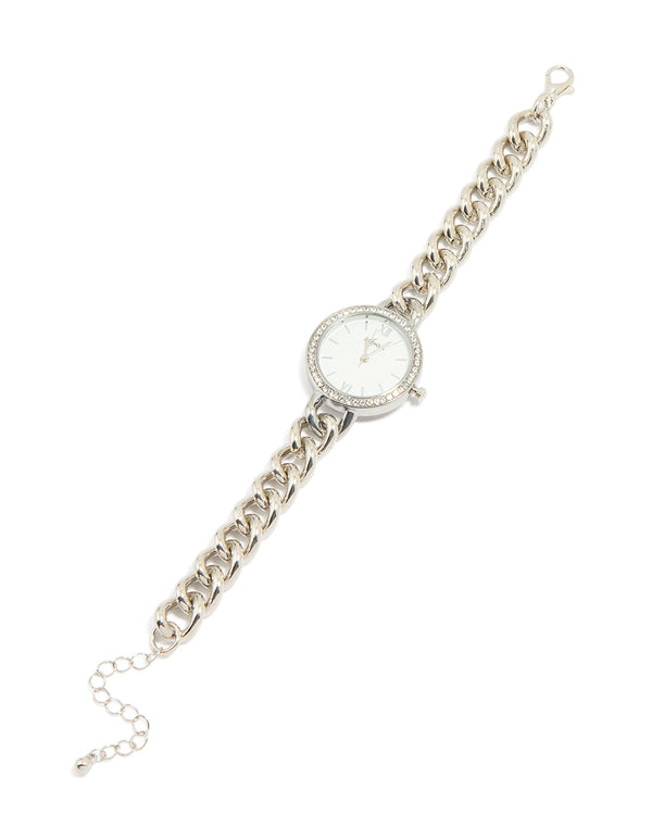 Silver Diamante Round Face Watch