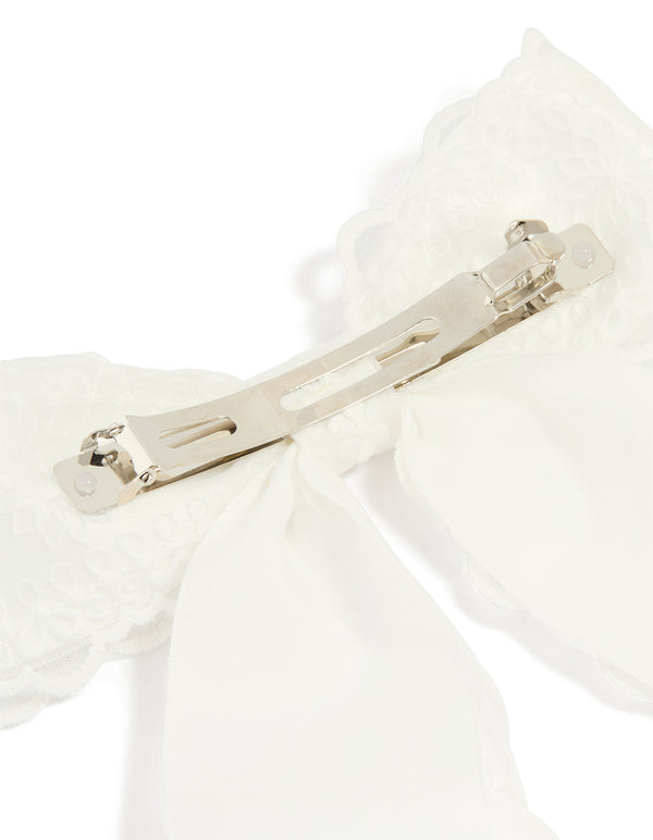 White Fabric Ribbon Lace Bow Layered Clip