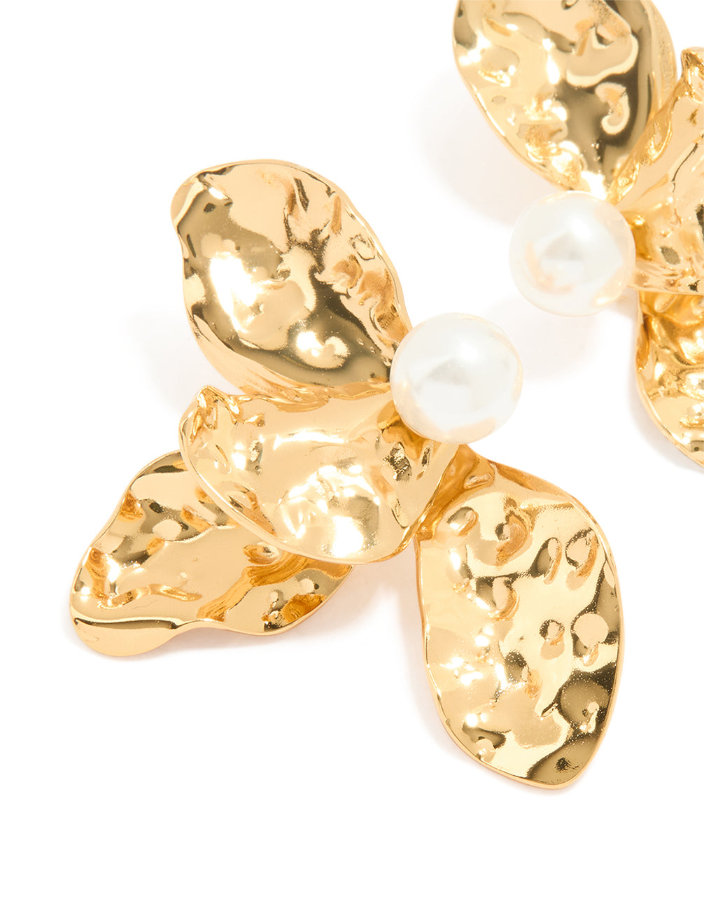 Featuring waterproof large statement floral stud earrings with pearl centers, crafted from gold plated stainless steel in gold and white close up view