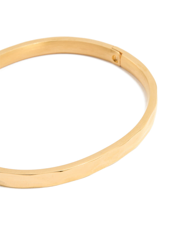 Beautifully designed waterproof gold plated stainless steel hammered hinged bangle with visible closure detail view