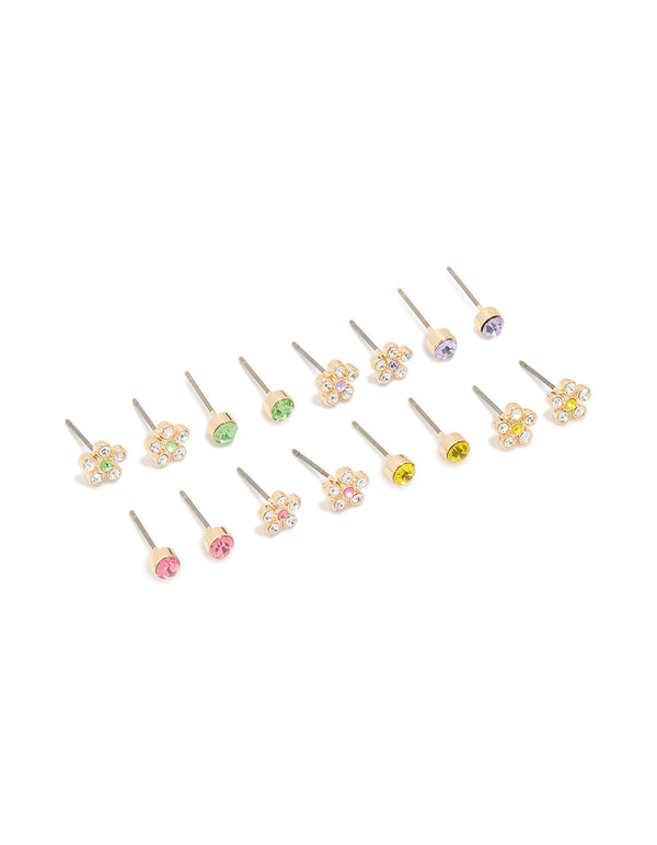 Gold Flower Diamante Stud Earrings 8-Pack