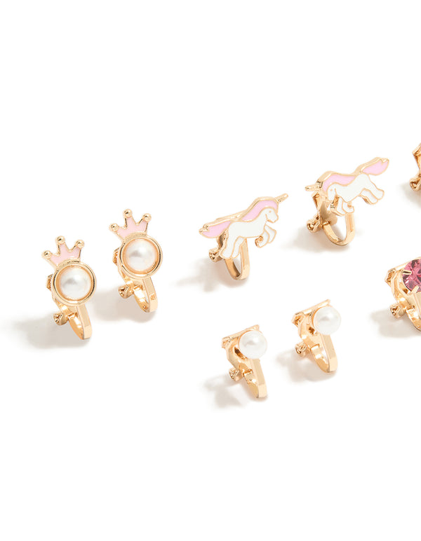 Kids Gold Pearl & Unicorn Clip On Earrings 6-Pack
