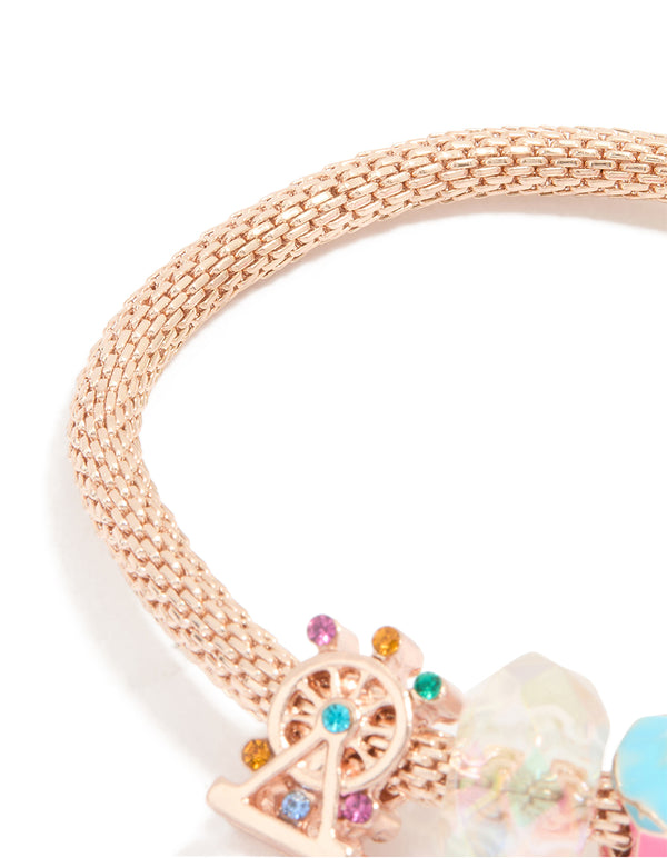 Kids Rose Gold Diamante Unicorn & Pink Bead Charm Bracelet