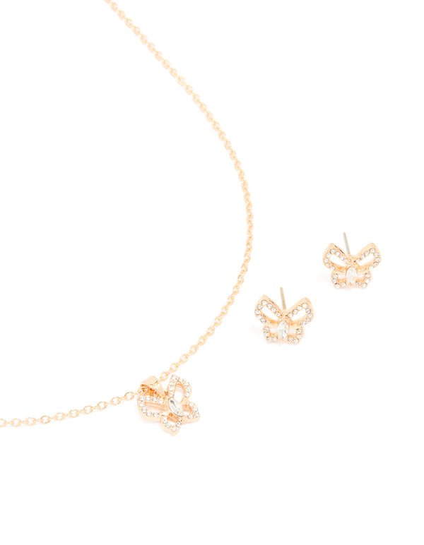 Gold Diamante Butterfly Stud Earrings & Necklace Set