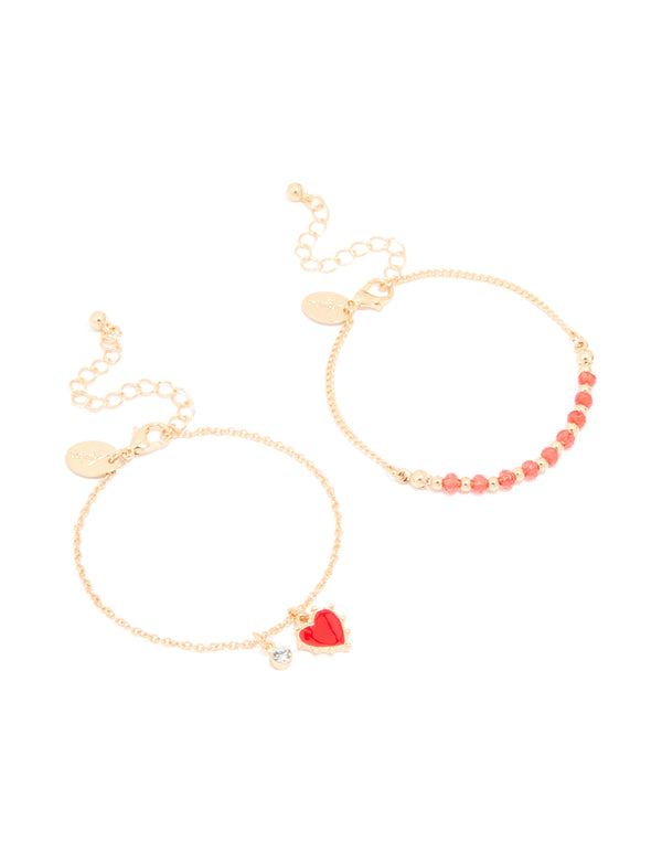 Gold Diamante Heart Charm Bracelets 2-Pack