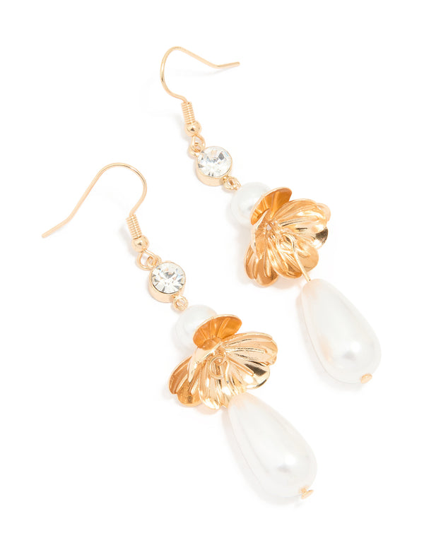 Gold Pearl Teardrop Flower Drop Earrings