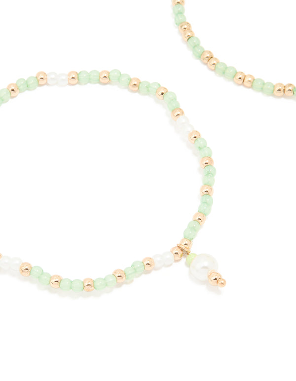 Gold & Green Beaded Pearl Stretch Bracelets 2-Pack