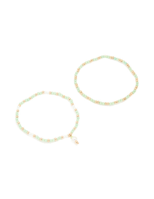 Gold & Green Beaded Pearl Stretch Bracelets 2-Pack