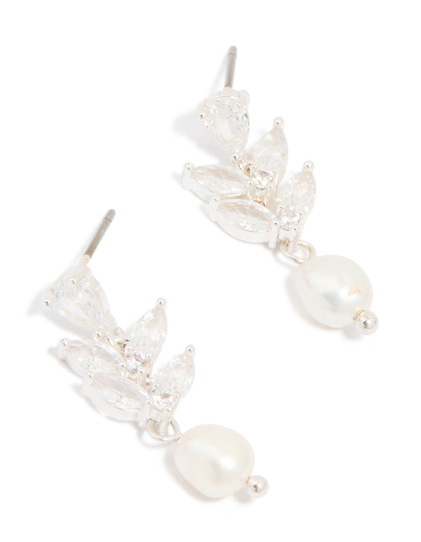 Silver Plated Cubic Zirconia Vine & Freshwater Pearl Drop Earrings