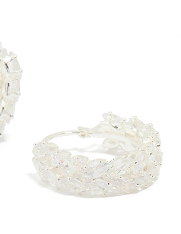 Silver Plated Cubic Zirconia Marquise Herringbone Hoop Earrings
