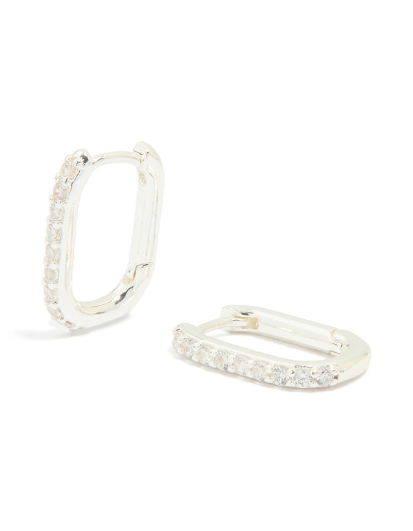 Silver Plated Cubic Zirconia Oval Hoop Earrings