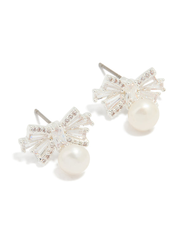 Silver Plated Pearl & Cubic Zirconia Bow Baguette Drop Earrings