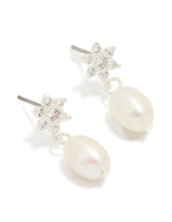 Silver Plated Pearl Cubic Zirconia Flower Drop Earrings