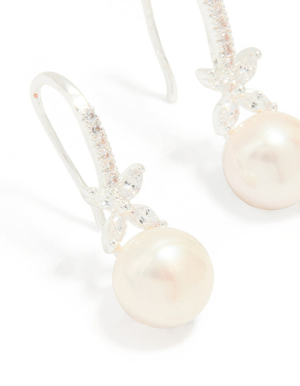 Silver Plated Pearl & Flower Hook Earrings