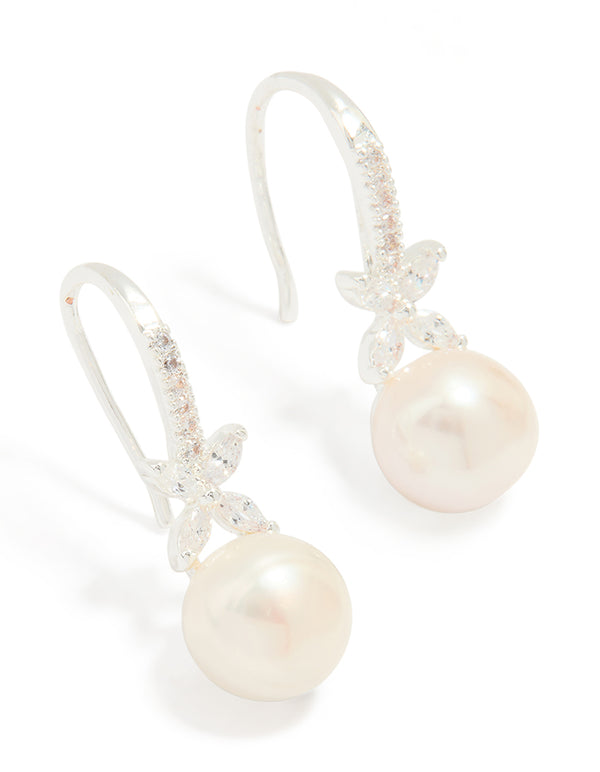 Silver Plated Pearl & Flower Hook Earrings