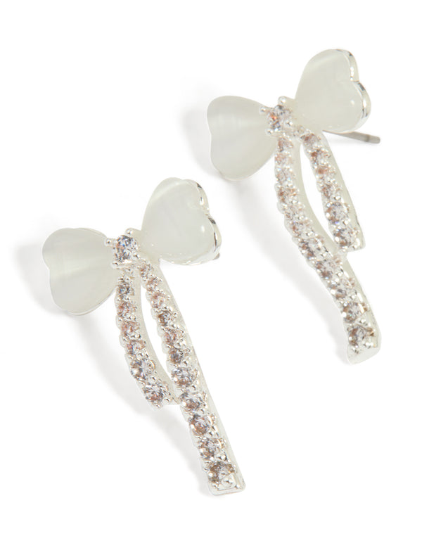 Silver Plated Cubic Zirconia Heart Bow Stud Earrings