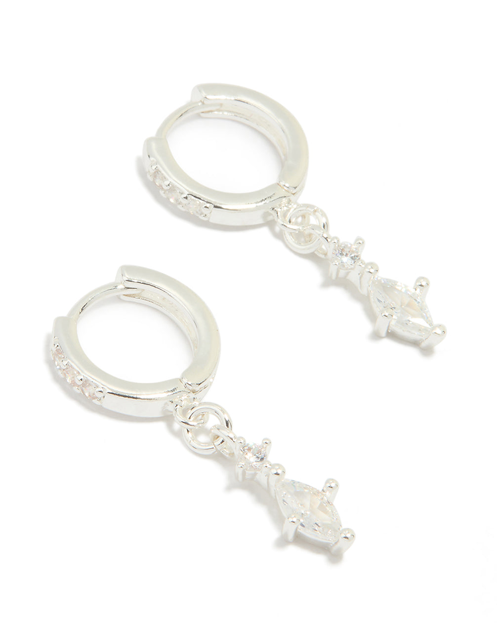 Silver Plated Cubic Zirconia Marquise Drop Huggie Earrings