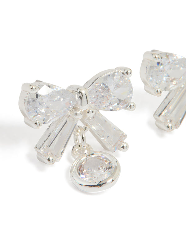 Silver Plated Cubic Zirconia Bow & Round Drop Earrings