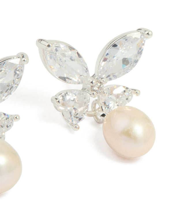 Silver Plated Cubic Zirconia Butterfly Pearl Drop Earrings