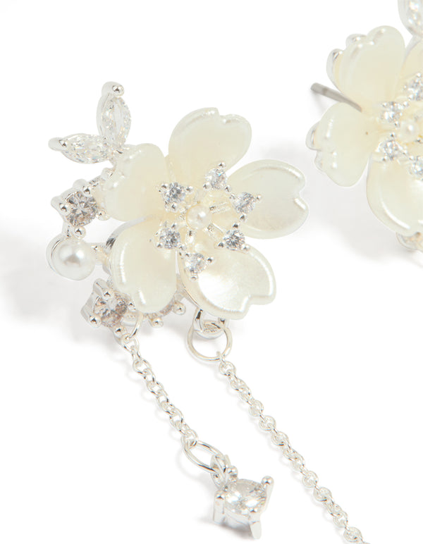 Silver Plated Cubic Zirconia & Pearl Flower Drop Earrings