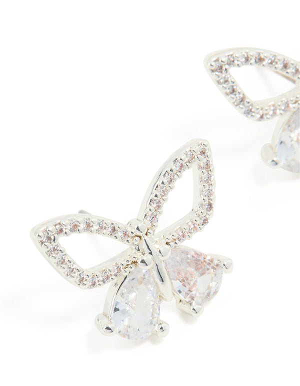Silver Plated Cubic Zirconia Butterfly Stud Earrings