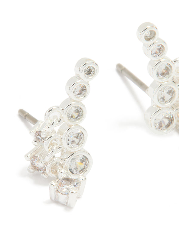 Silver Plated Cubic Zirconia Bezel Crawler Stud Earrings
