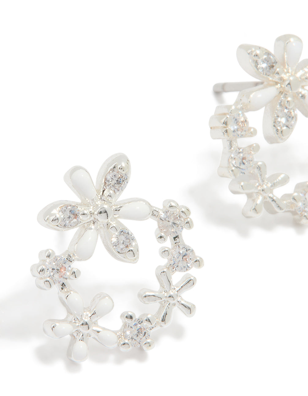 Silver Plated Cubic Zirconia Flower Wreath Stud Earrings