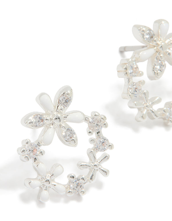 Silver Plated Cubic Zirconia Flower Wreath Stud Earrings
