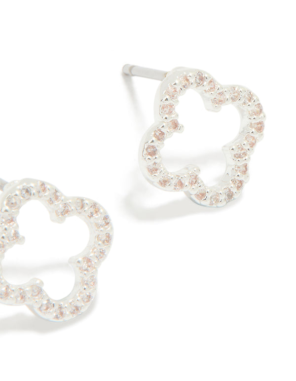Silver Plated Cubic Zirconia Flower Outline Stud Earrings