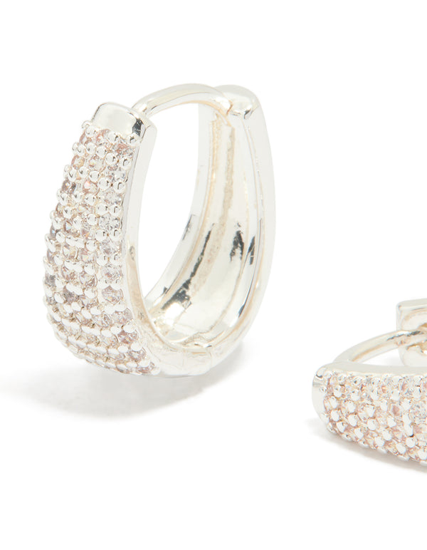 Silver Plated Cubic Zirconia Pave Classic Hoop Earrings